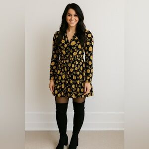 Thakoon Black & Yellow Floral Belted Shirt Dress | Size 4